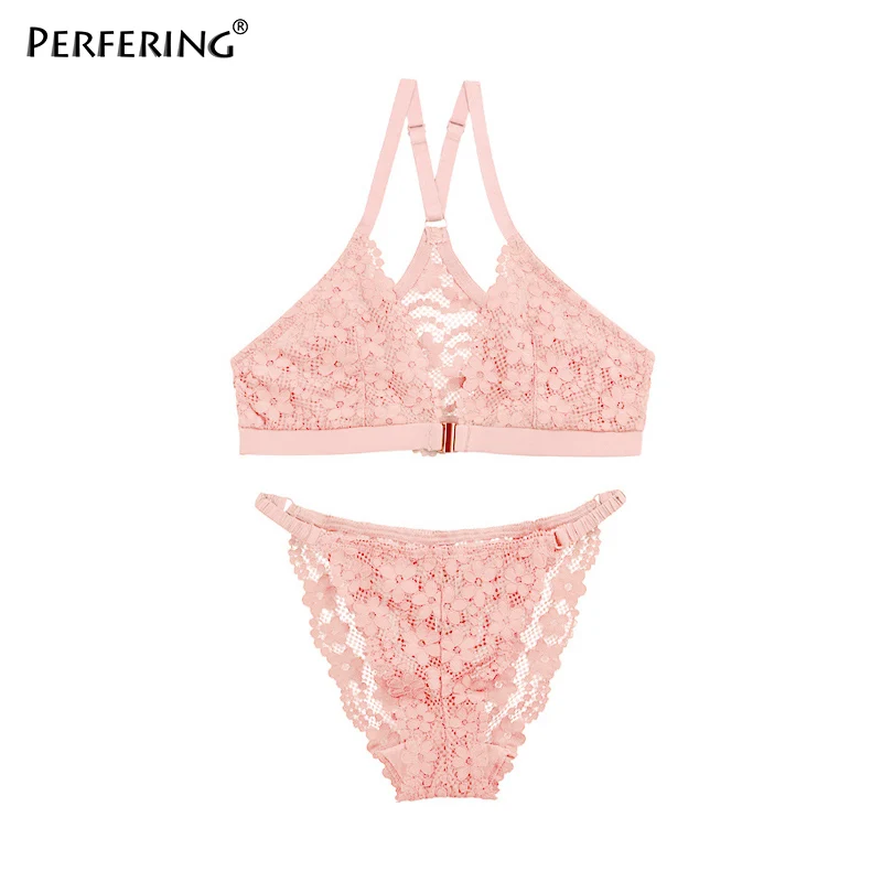 PINK Perfering, сексуальный комплект с бюстгальтером, бюстгальтер с застежкой спереди и трусики для женщин, нижнее белье, бюстгальтер без косточек, глубокий v-образный вырез, кружевное белье, ультратонкое - Цвет: PINK