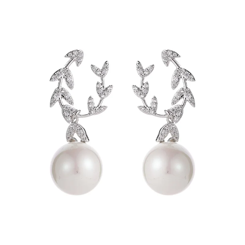 SWOUR New Fashion Jewelry 925 Silver Needle CZ Crystal Leaf Olive Branch Pearl Design Dangle Earrings For Women S433 | Украшения и