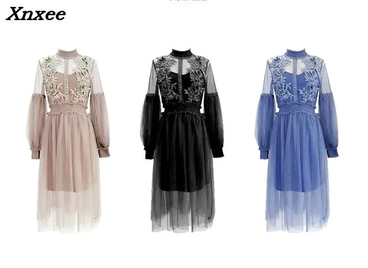 

Women Long Sleeve Lace Dress 2018 Style Floral Embroidery Prom Party Gowns Midi 2-piece Sexy Hollow Out Wear Summer Beach Xnxee