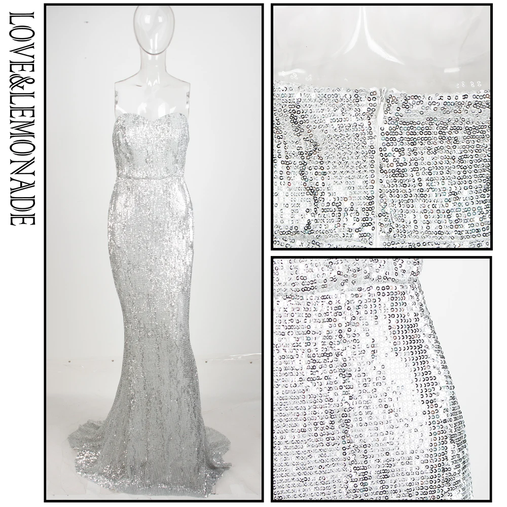 

LOVE&LEMONADE Silver Tube Top Slim Elastic Sequin Long dress LM81142-1