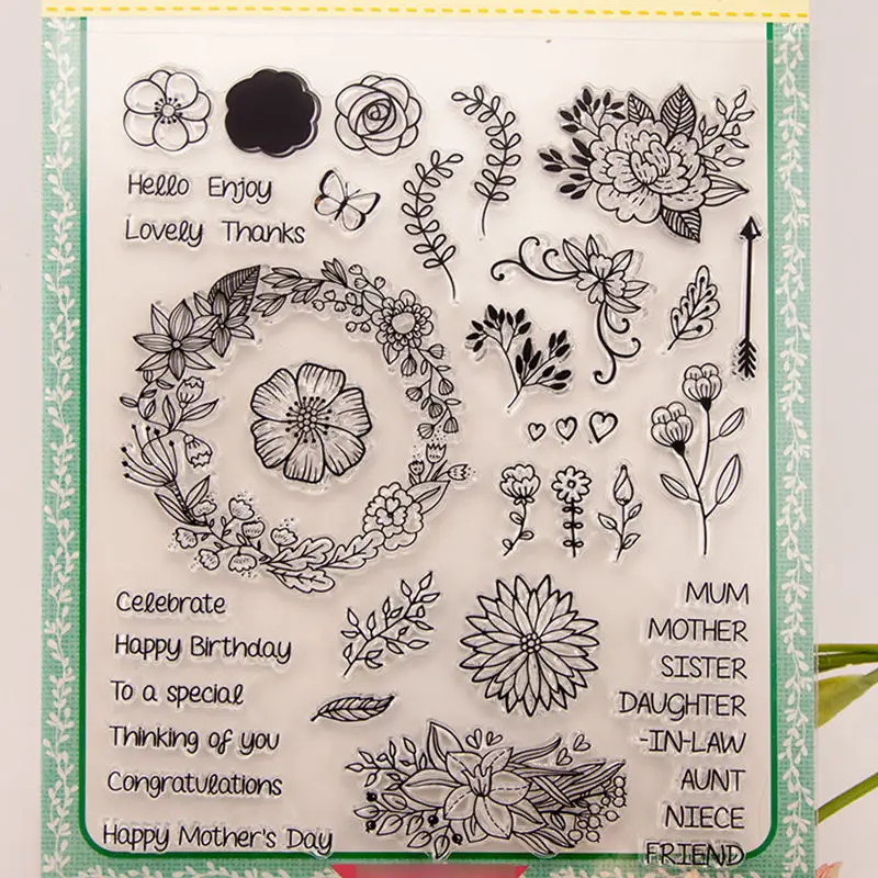 

Flowers Wreath Leaves and Words Transparent Clear Stamps Silicone Seal for DIY Scrapbooking Card Making Album Decoration Crafts