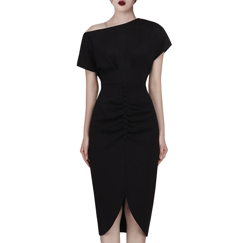 INDRESSME, новая мода, женское платье с вырезом лодочкой, коротким рукавом, с разрезом, асимметричный подол, элегантное, офисное, для девушек, облегающее платье, черное