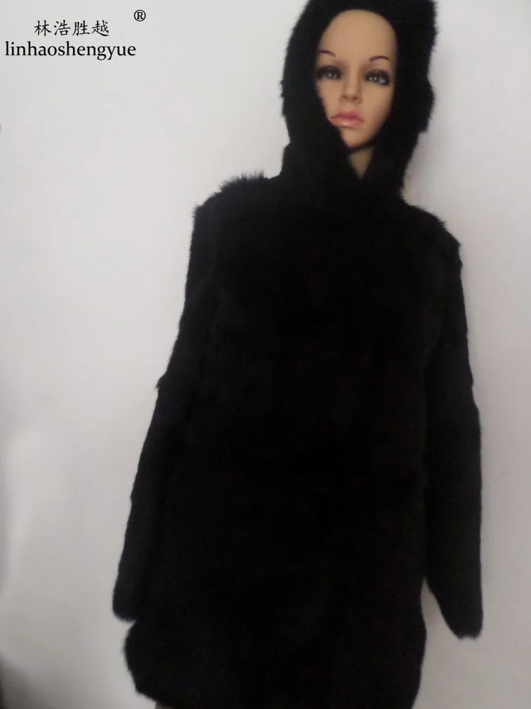 Linhaoshengyue Long 75cm Real Rabbit Fur Coat with Hood