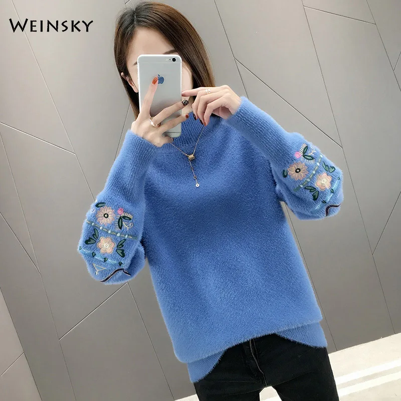 Синий Women Knitted Sweater And Pullovers Korean Fashion Style Turtleneck Sweaters Autumn And Winter New Wool Yellow Sweater - Цвет: Синий
