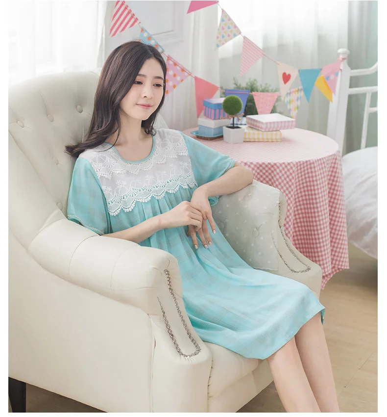 Women summer dress casual cotton and lace sweet girl's nightgown plaid loose sleepwear nightdress female homewear dresses | Женская
