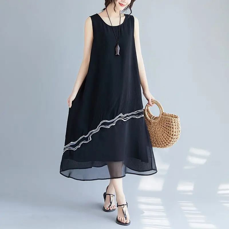 NYFS 2021 Korea New Summer dress Hem embroidery Woman Dress Loose Long Vestidos Robe Large size sleeveless Vest Dresses | Женская одежда