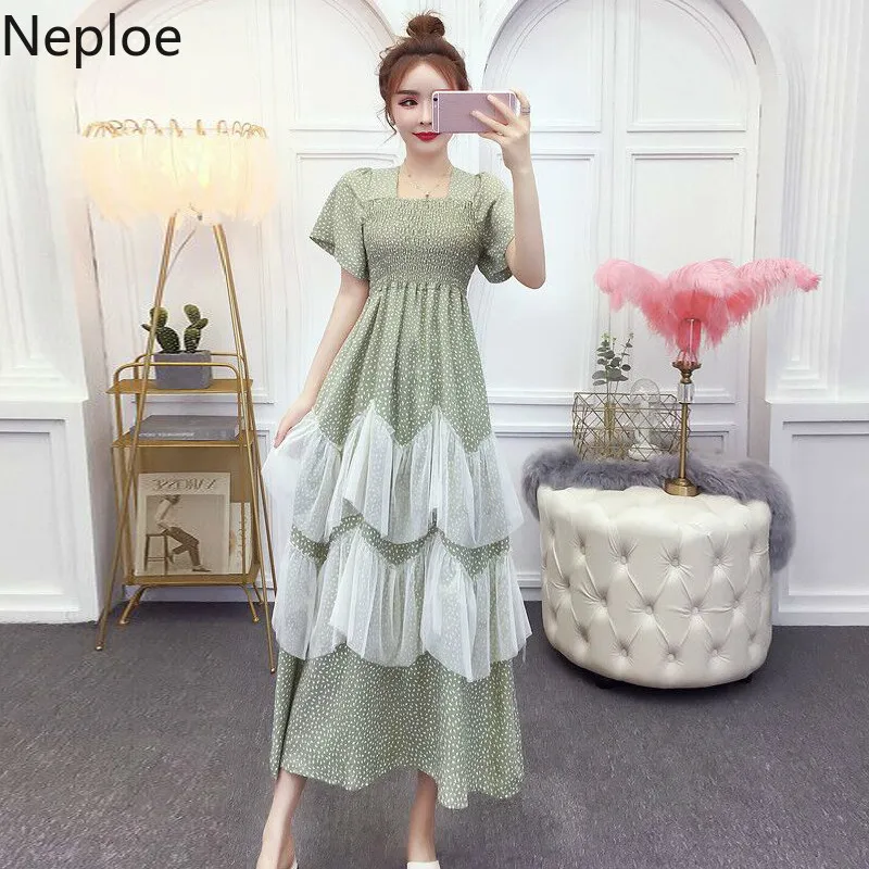 Neploe в горошек лоскутное женское платье Лето 2019 новый квадратный воротник