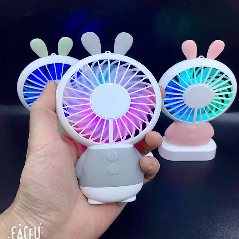 Cute Bear Rabbit Handhold Fan Mini USB Night Light Pocket Summer Cooling Fan 2 Gears Wind Speed Outdoor Rechargeable Ventilator