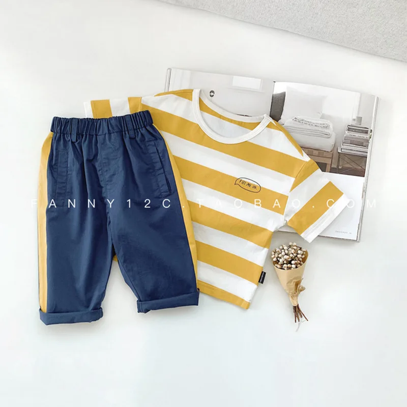 

Новинка 2019, летняя футболка в полоску для маленьких мальчиков и девочек + джинсовые брюки, комплекты из 2 предметов, детские джинсы, повседне...