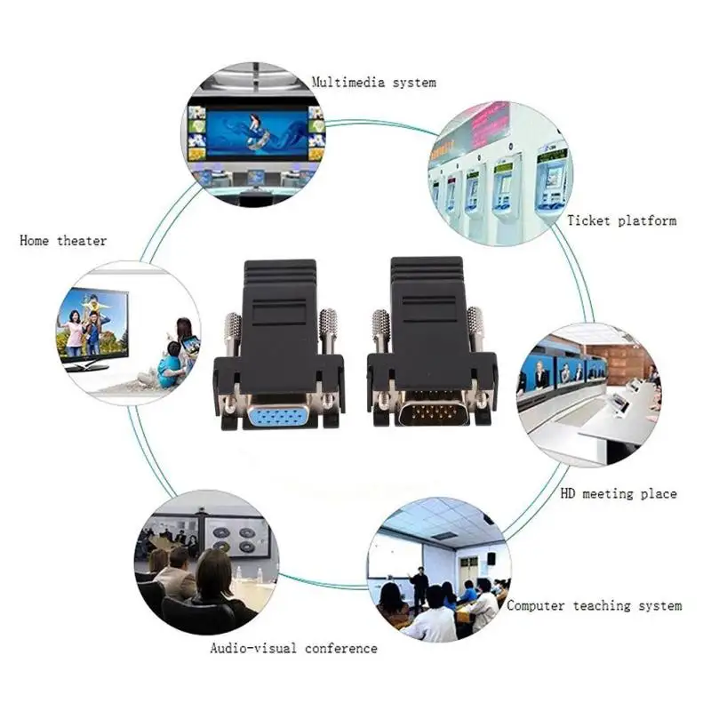 2 pcs VGA Male/Female to RJ45 Network Port Ethernet Cable Extender Adapter for Engineering Outdoor Display |