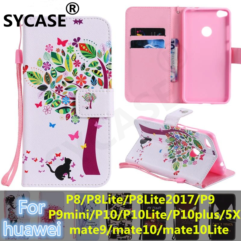 SYCASE флип чехол для Huawei P8 9 10 Lite mate9 mate10 lite окрашенный бумажник для Карт Подставка Роскошная искуственная кожа с рисунком мультяшная сумка для телефона