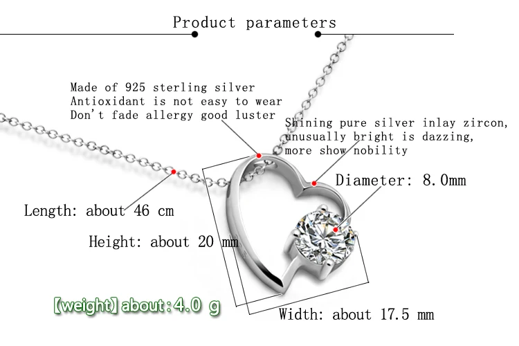 High quality fashion woman / girl sterling silver necklace 925 luxury 5A zircon heart pendant charm lady jewelry | Украшения и