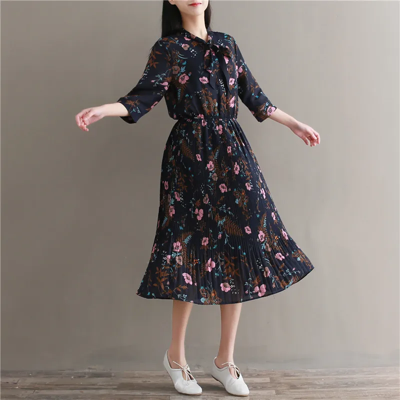 2019 новое летнее Плиссированное винтажное платье с длинными рукавами и бантом