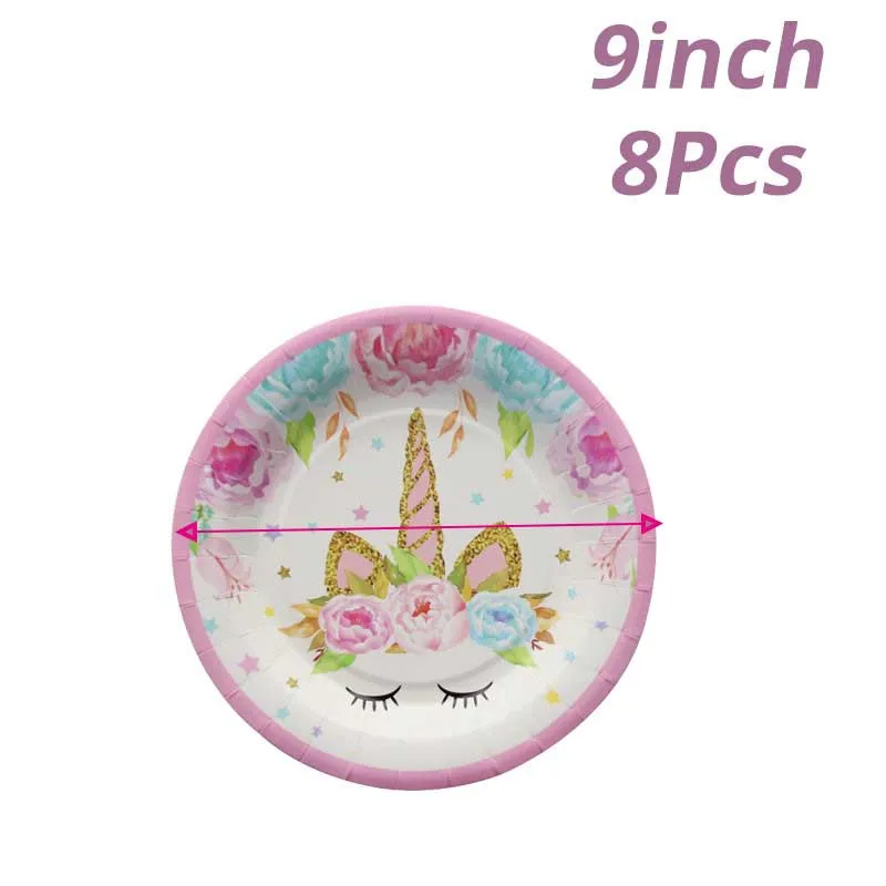 8pcs 9inch Plate Единорог День Рождения декорации одноразовые набор столовых приборов Единорог шар чашки тарелки салфетки Дети День Рождения вечерние принадлежности - Цвет: 8pcs 9inch Plate