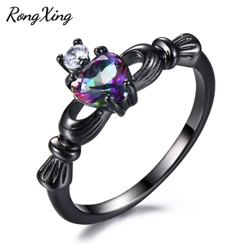 Rainbow Zircon RongXing Мистик Радуга огненный опал/Циркон Сердце кладдахские кольца для женщин мужчин свадебные Черное золото заполненный разноцветный камень кольцо - Цвет основного камня: Rainbow Zircon