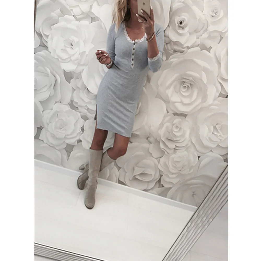 VESTLINDA женские платья с круглым вырезом и длинным рукавом Кружевное облегающее