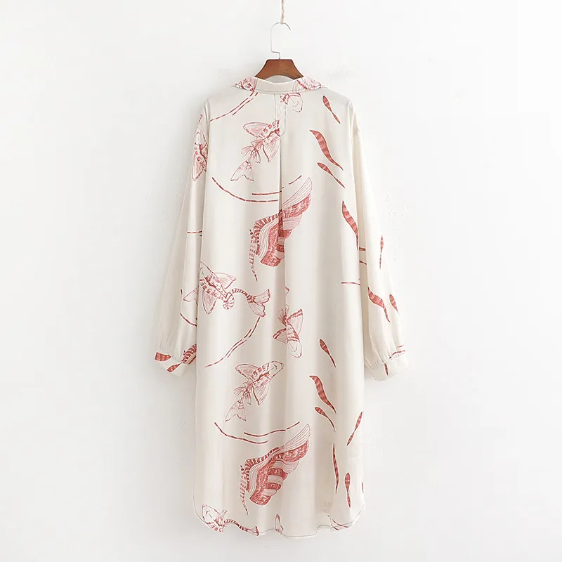 Женское атласное платье миди с принтом летнее длинным рукавом и v-образным