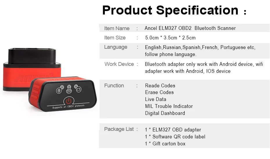 Ancel elm327 V1.5 Bluetooth OBD2 сканер ODBII адаптер Авто сканер ODB для двигателя Android код читателя диагностический инструмент