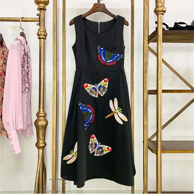 

Luxury Designer Brand Dress for Women O Neck Sleeveless Embroidery Butterfly Long Dress Black