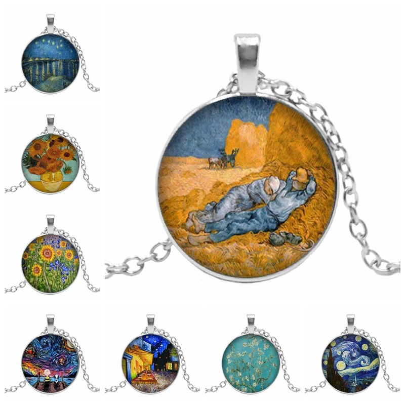 

Hot! New Hot Star Night Van Gogh Sunflower Oil Painting Round Glass Convex Round DIY Glass Dome Pendant Necklace