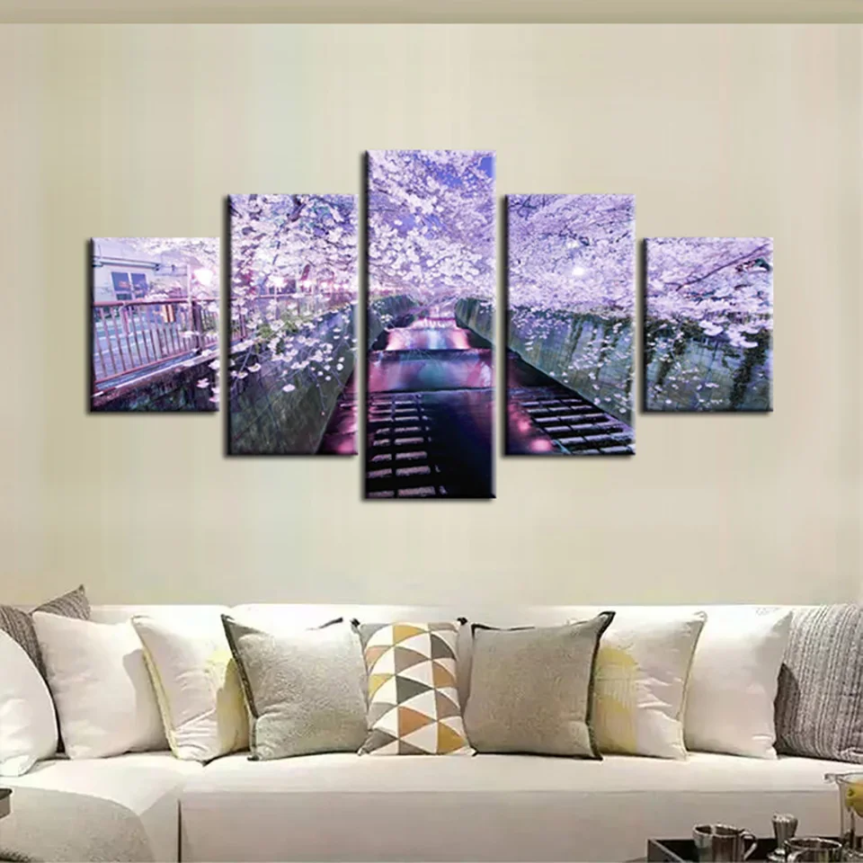 

Living Room HD Print Pictures Home Decor Poster Frame 5 PiecePcs Riverside Cherry Blossoms Night View Modern Wall Art Painting