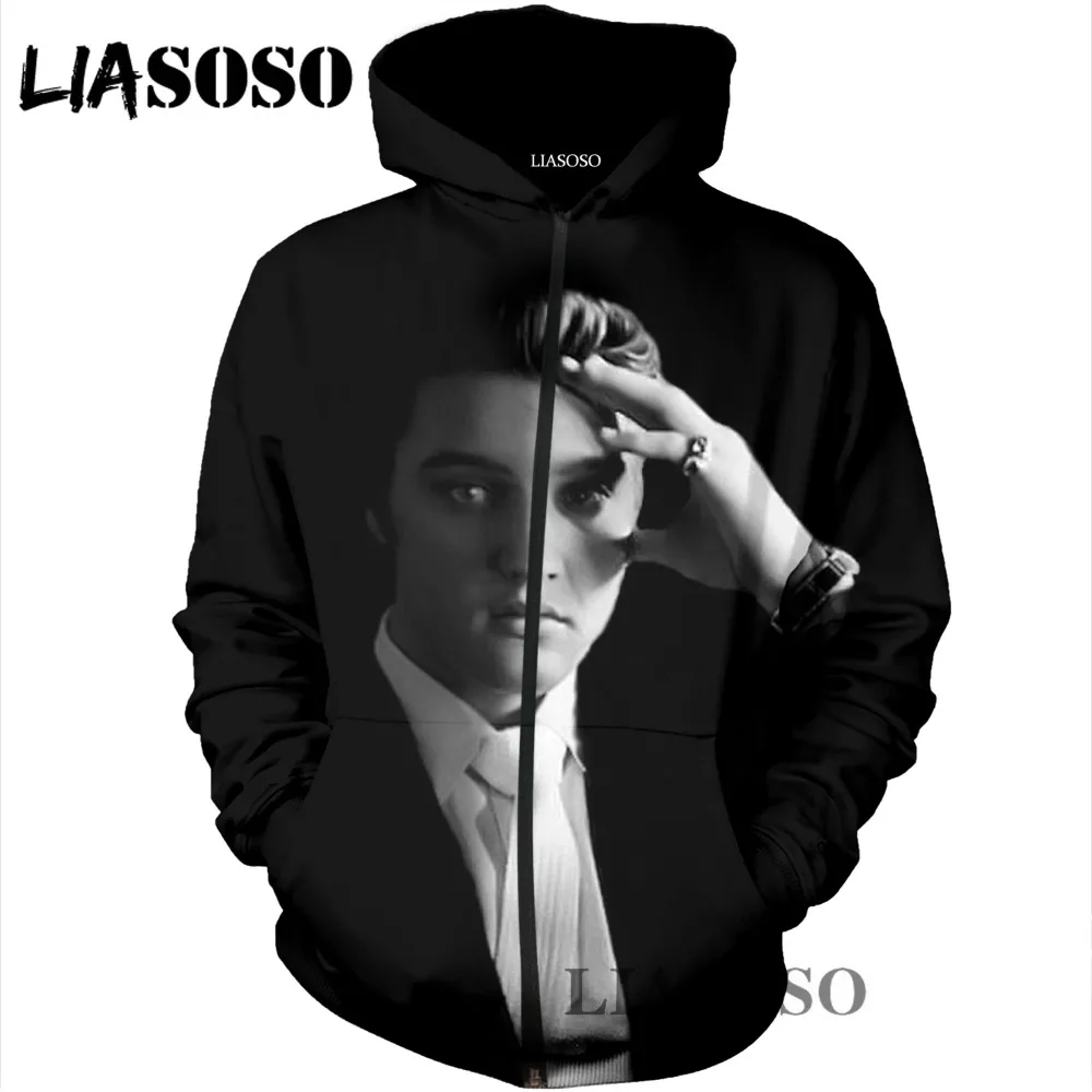 LIASOSO зима Harajuku Мужская и Женская толстовка на молнии с 3D принтом Elvis Presley пальто