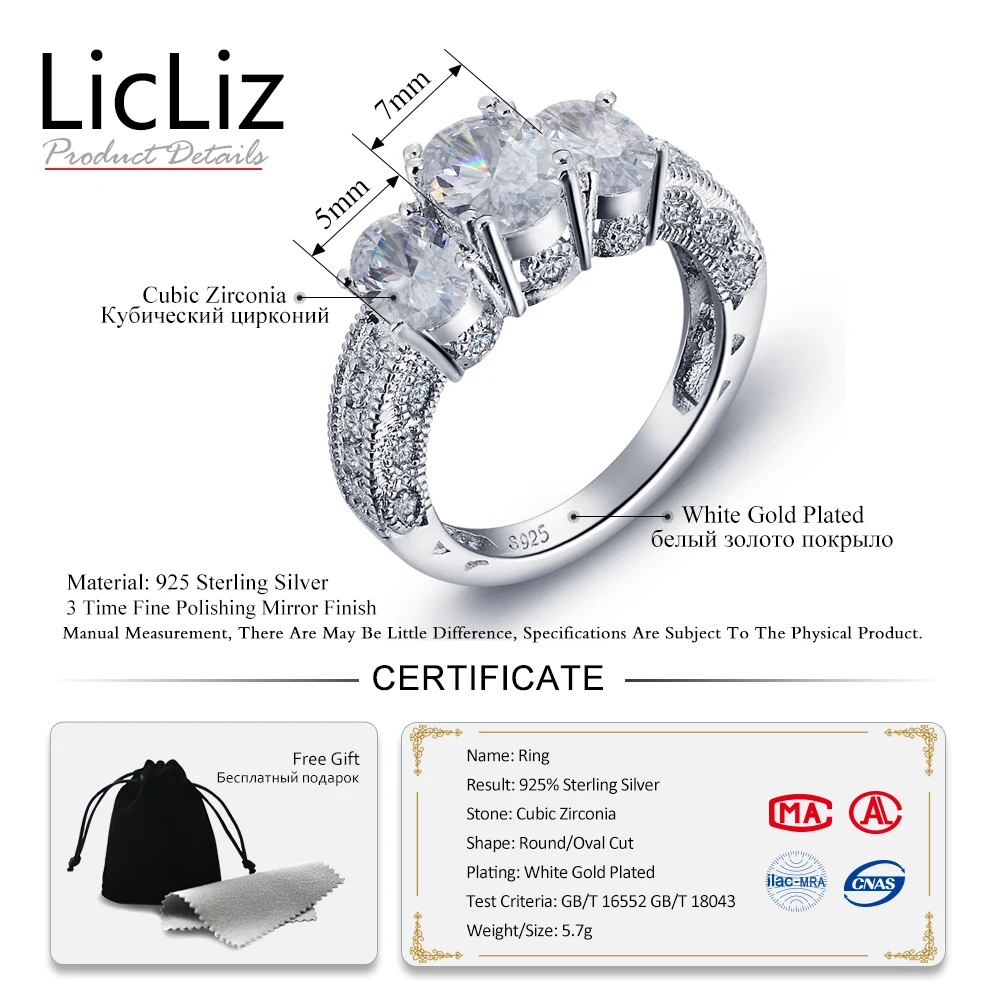 LicLiz 925 Sterling Silver Zircon Big Oval Stone Ring Women Micro Pave Cubic Eternity Rings Bang CZ Cocktail LR0489 | Украшения и