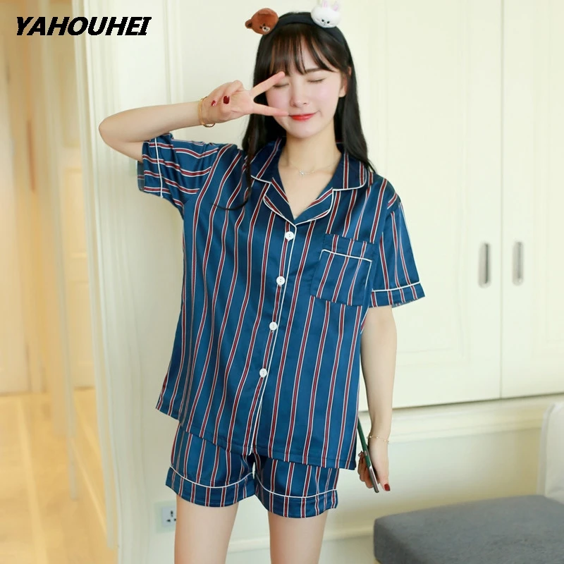 duan tiaowen navy Женские пижамные комплекты с коротким рукавом, розовая рубашка с буквенным принтом и черные шорты, пижамный комплект, летняя одежда для сна, домашняя одежда - Цвет: duan tiaowen navy