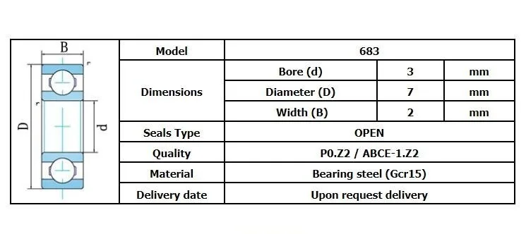 683 открытый подшипник ABEC-7 3x7x2 мм миниатюрный 683 упорные шариковые подшипники 683 618/3 L-730 3*7*2 мм