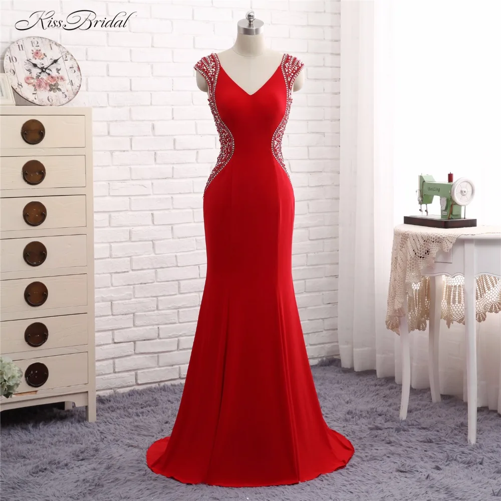 Красное вечернее платье 2017 Vestido de Festa Русалка v-образный вырез короткий рукав