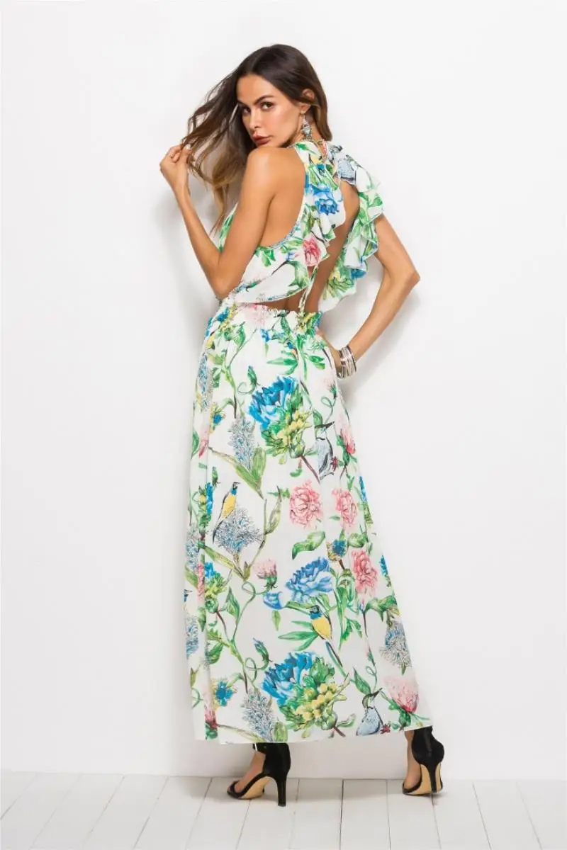 

New women's fashion office lady elegant sling chiffon large swing backless print long dress summer women sexy dress