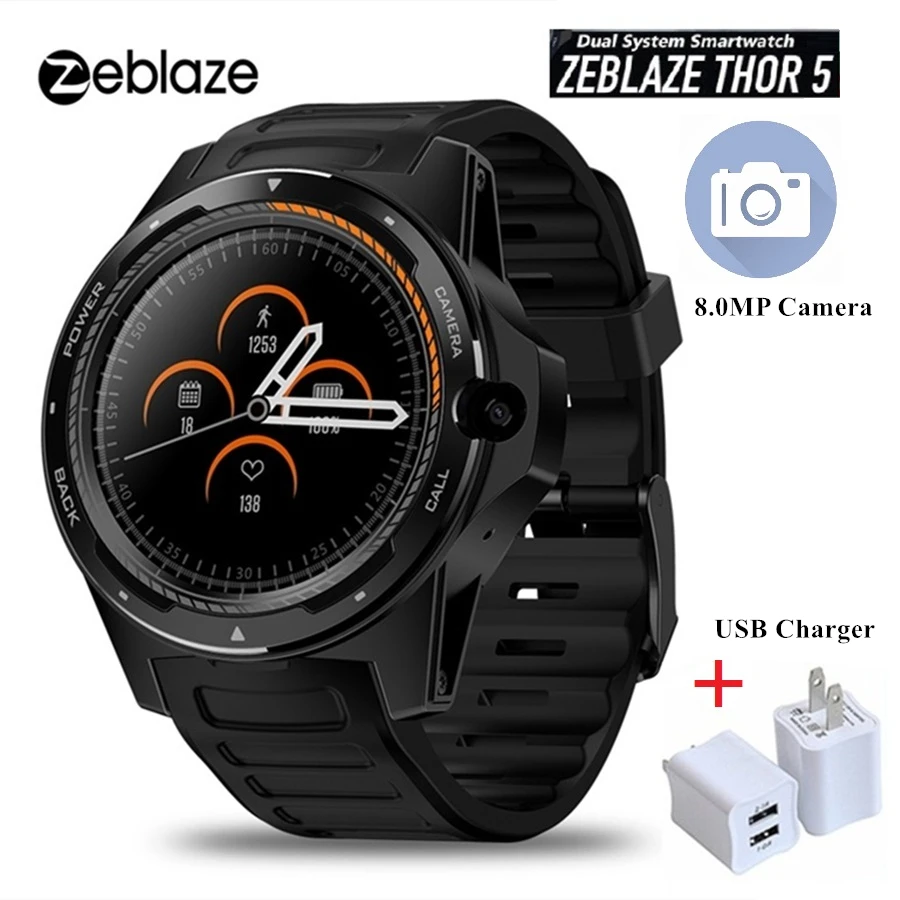 Новые смарт-часы Zeblaze THOR 5 с двумя системами, 4G, 8 Мп, фронтальная камера, gps, Wi-Fi, 4 Гб, монитор сердечного ритма, умные часы для мужчин, Android 7,1