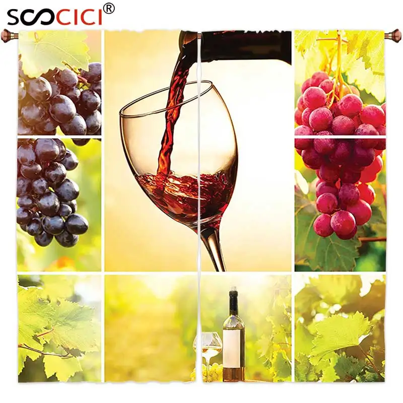 

Шторы на окна, 2 панели, коллекция украшений квартиры, коллаж обитания с разливной винной бутылкой и листьями, урожай фермы