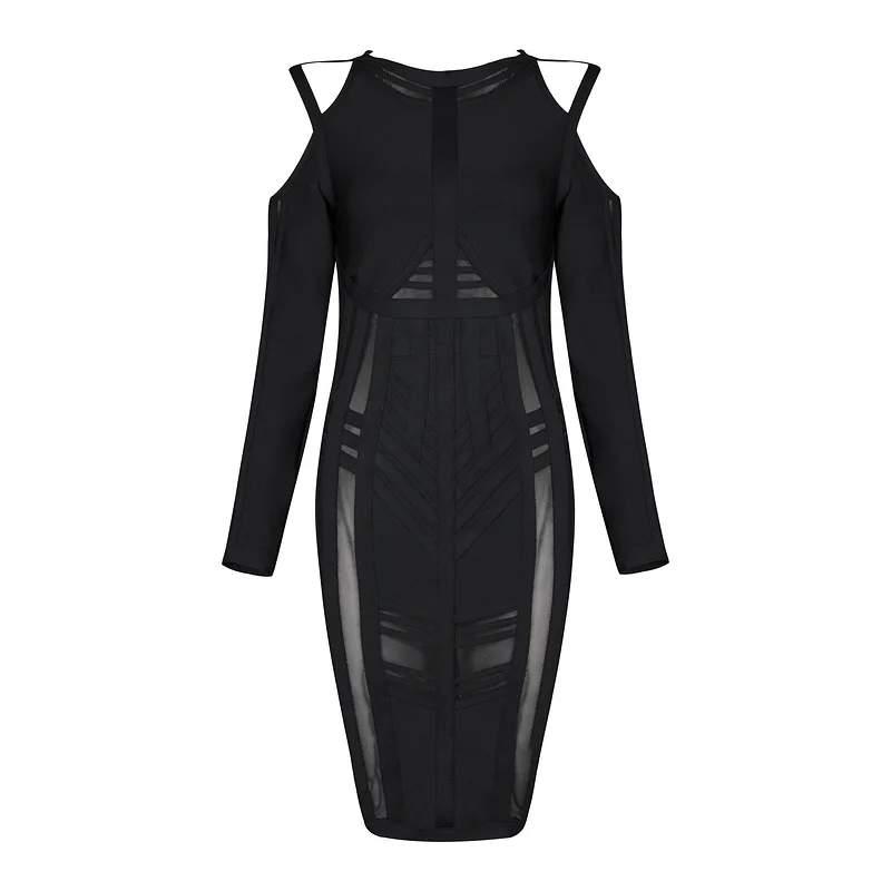 

Beateen 2018 New Off Shoulder Full Sleeve Women Bodycon Bandage Dress Elegant Knee Length O Neck Hollow Out Midi Lady Dress