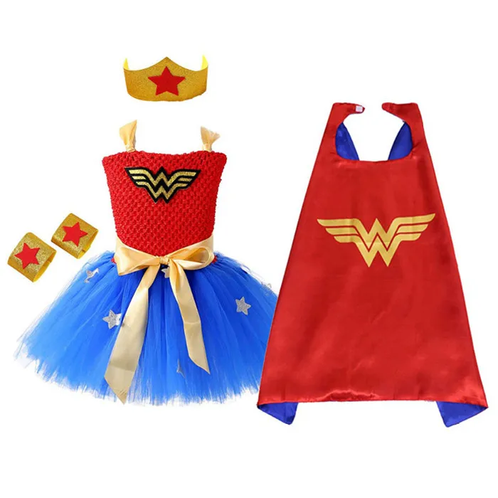 Wonder Woman/платье-пачка для девочек, платье Супермена, Бэтмена, Человека-паука, Робина на день рождения, вечернее платье на Хэллоуин, карнавальный костюм для детей, 1 комплект