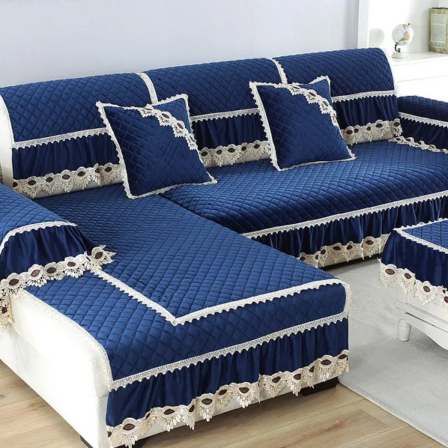 blue-1 piece Европейские Роскошные Чехлы для диванов для гостиной, секционный плюшевый чехол, Кружевной декор, угловой чехол для дивана, полотенце, защитная мебель для дома - Цвет: blue-1 piece