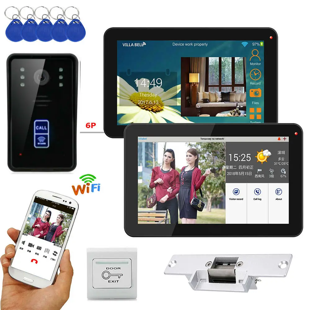 9 дюймов 2 монитора проводной/беспроводной Wifi RFID пароль видео телефон двери дверной звонок Домофон Система с электрическим ударным замком