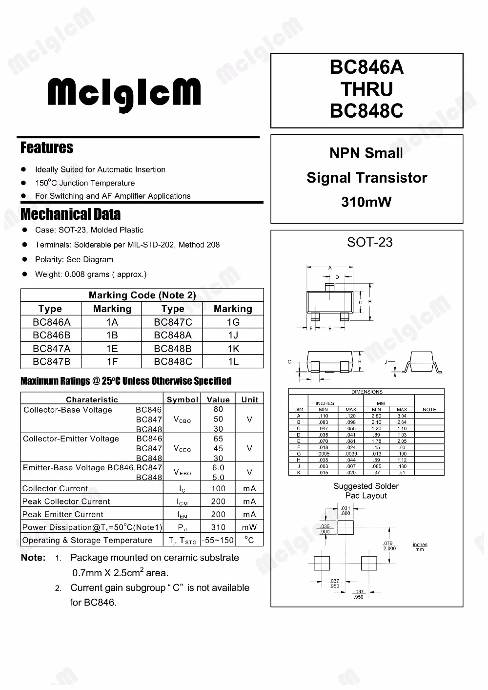 MCIGICM 100 шт. BC847C BC847 СОТ-23 Силовые транзисторы NPN 45V 0.1A