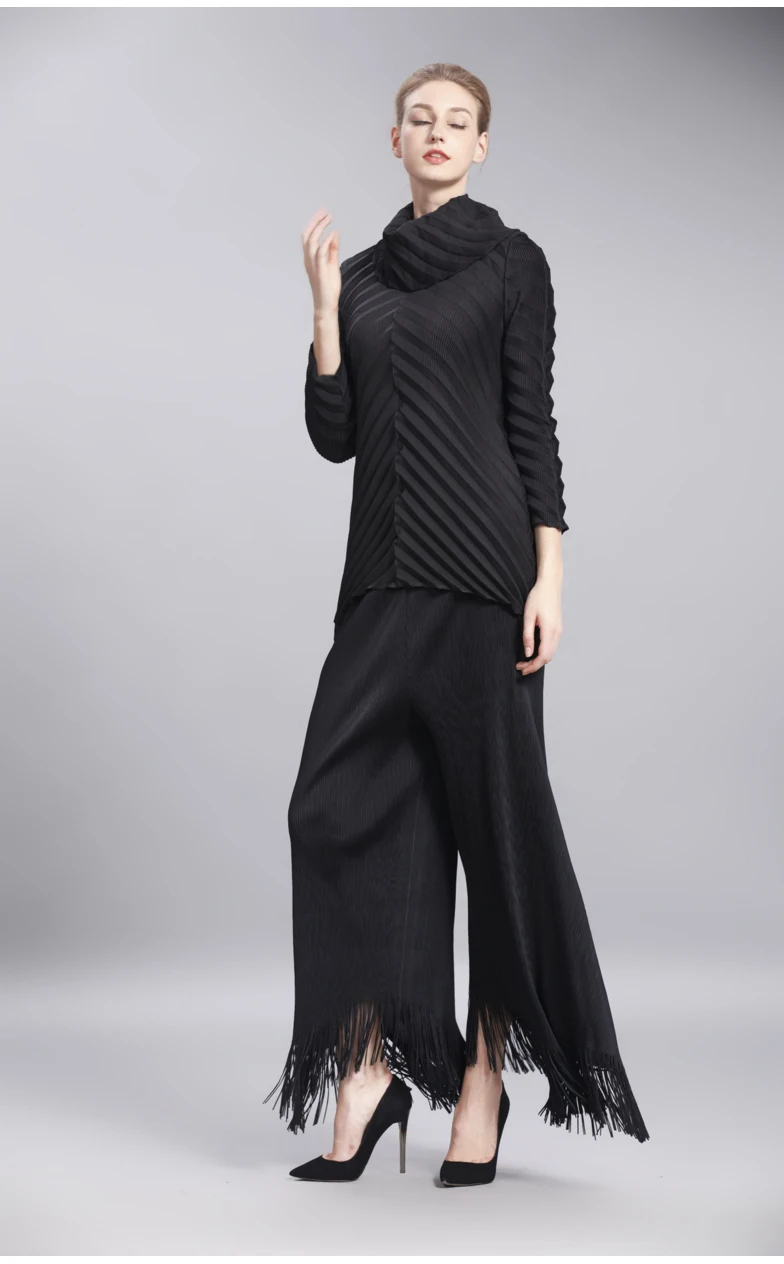 Changpleat Осенняя футболка Miyak плиссированный косой дизайн тонкий длинный рукав Высокий воротник футболка s для женщин плюс размер T7997