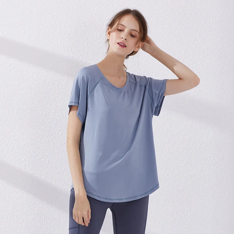 Blue Футболки для йоги, быстросохнущие спортивные топы для фитнеса, женские свободные футболки для бега с коротким рукавом для тренировок, тренажерного зала, сексуальные футболки с открытой спиной - Color: Blue
