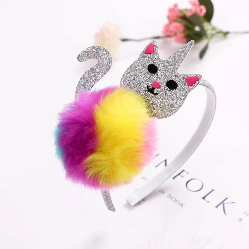 5 шт. модные милые блестящие повязки для волос с котом градиентный меховой помпон