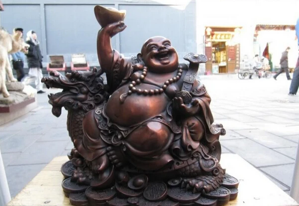 

song voge gem S1611 China red bronze On Yuanbao laughter Maitreya Buddha Sitting Dragon Statue