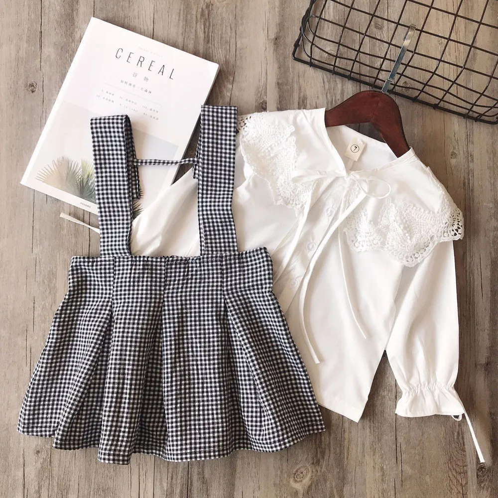 2019 Новая модная Кружевная футболка для маленьких девочек топы + клетчатая юбка