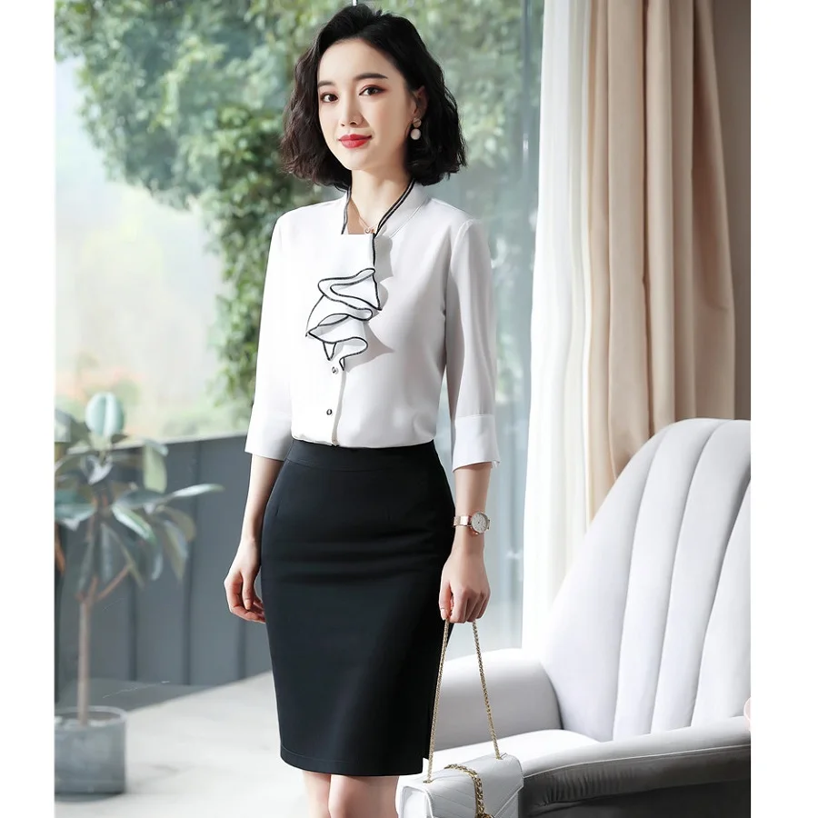 Модные женские белые блузки и рубашки с коротким рукавом 2 шт. комплекты юбочкой