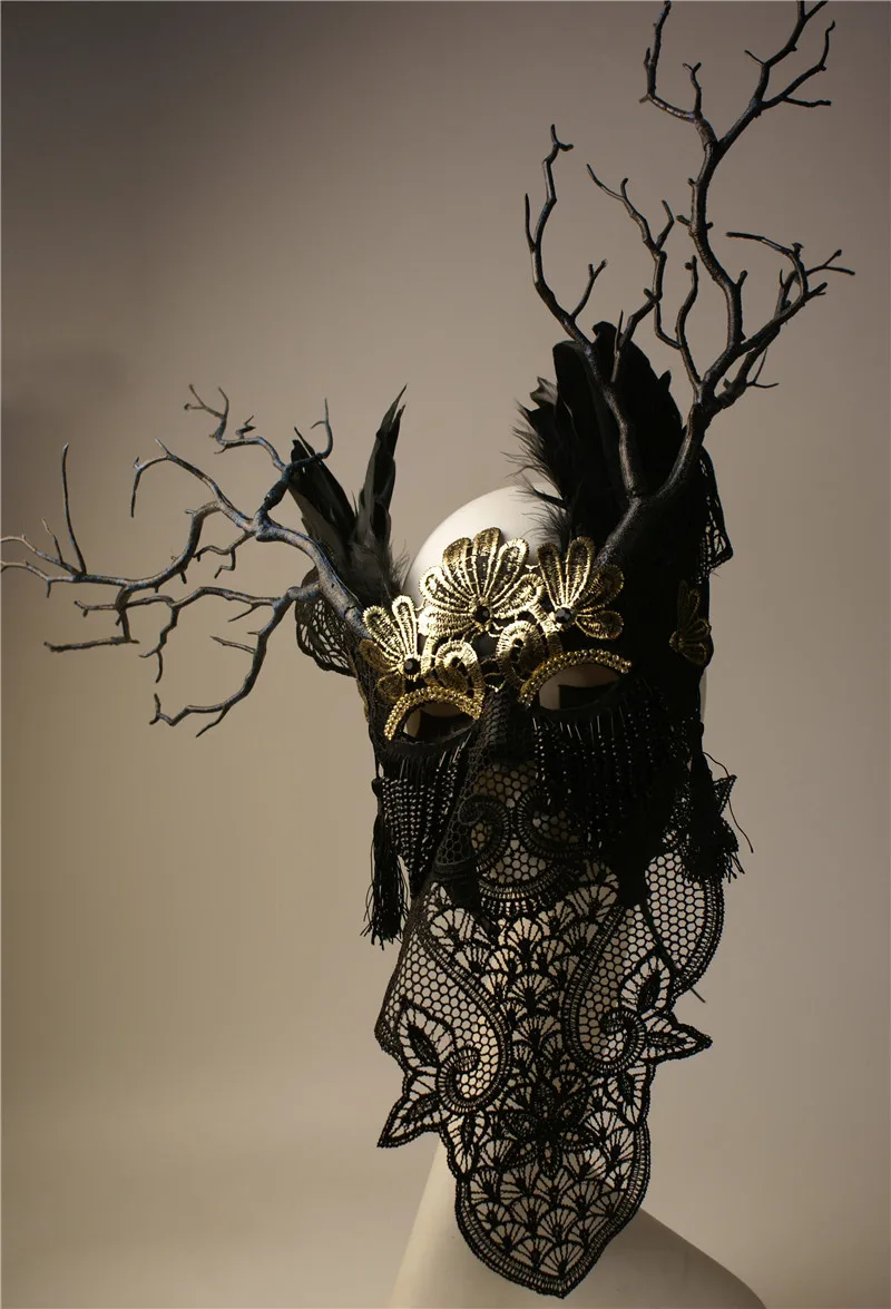 Exaggerated stage effect veil fake antler feather full face mask Halloween ball mask