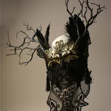 Exaggerated stage effect veil fake antler feather full face mask Halloween ball mask Exaggerated stage effect veil fake antler feather full face mask Halloween ball mask