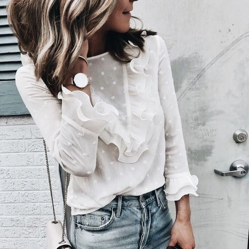 Новая женская блузка с длинным рукавом кружевная оборками для вечевечерние