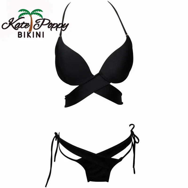 2018 женский однотонный черный комплект бикини с перекрестной повязкой купальник