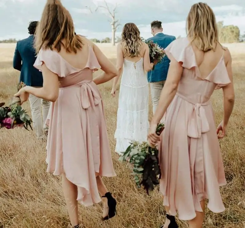 2019 Western Country Summer Garden Beach Bohemian Bridesmaid Dresse A Line Chiffon V Neck Pleats High Low Maid of Honor Wears | Свадьбы и