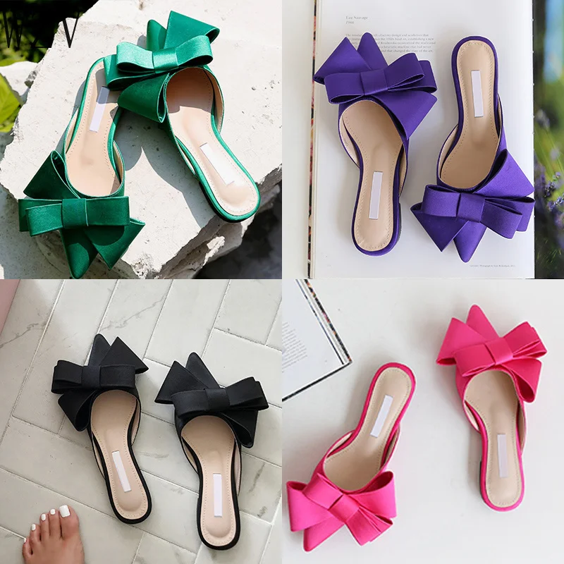 Size34-41 Для женщин обувь корейский шелк атлас Острый носок с бантом тапочки с шнурками; Baotou; Туфли без каблуков каблук комплекты Половина Тапочки сезон: весна–лето